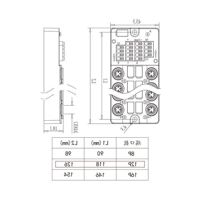 M8 Junction box、Single channel、PNP、16 port 、Split type、With LED、With top cover and cable、23PT12