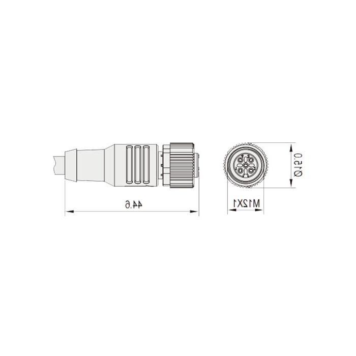 M12 4Pin 母头直型、IP 69K-ECOLAB、食品级、单端预铸PVC非柔性电缆、灰色护套、64E023-XXX